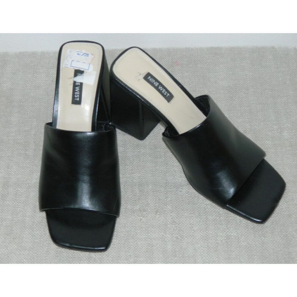 Nine West Heel Sandals Size 8.5 Black Faux Leather High Block‎